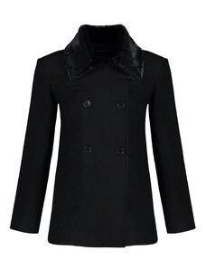 Trendyol černý kožešinový límec Detailní vlněný kabát