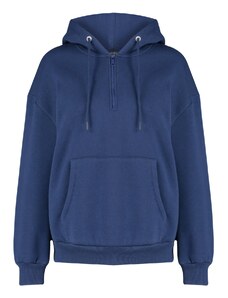 Trendyol Navy Blue Thick Fleece Hooded and Zippered Basic Oversized Knitted Sweatshirt