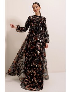 By Saygı Waist Belted Lined Gilded Long Dress Black-bronze