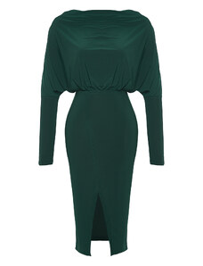 Trendyol Emerald Green odplyňovací výstřih Rozparek A-Linie Midi Strečové Pletené šaty