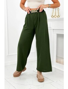 MladaModa Široké viskózové kalhoty s ozdobným páskem model 59100-28 barva khaki