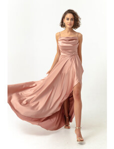 Lafaba Women's Pink Evening Dress &; Prom Dress with Ruffles and a Slit Satin