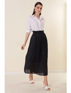 By Saygı Elastic Waist Lined Thin Satin Striped Skirt