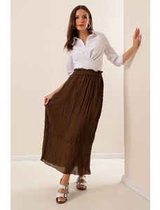 By Saygı Elastic Waist Lined Pleated Long Chiffon Skirt Khaki