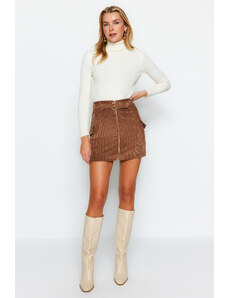 Trendyol Brown Belted Zipper Pocket Detailed Velvet Fabric Mini Woven Skirt