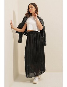 By Saygı Elastic Waist Lined Thin Satin Striped Skirt