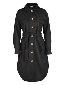 numoco basic Teplý černý dámský kabát s kapsami, knoflíky a zavazováním v pase 493-2