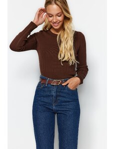 Trendyol Brown Základní pletený svetr s výstřihem