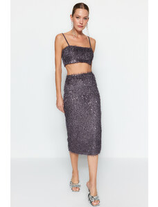 Trendyol Silver Fringed Sequin Midi Skirt