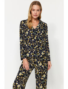 Trendyol Black Floral Pattern Viscose Shirt-Pants Woven Pajamas Set
