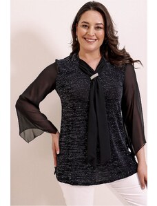 By Saygı Glittery Plus Size Blouse with Scarf Collar