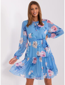 BASIC Modré květinové šaty s páskem --blue Květinový vzor