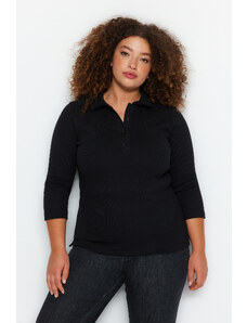 Trendyol Curve Black Polo Neck Plain Basic Ribbed Knitted Blouse