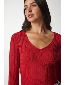 Happiness İstanbul Women's Red Basic Corduroy V-neck Blouse