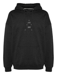 Trendyol Anthracite Oversize/Wide-Fit Hooded Space Printed Fleece Sweatshirt