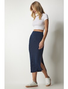 Happiness İstanbul Women's Navy Blue Slit Ribbed Knitted Pencil Skirt