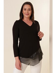 By Saygı The skirt is leather detail and the interior is chiffon. Comfortable fit. Plus Size Blouse Black.