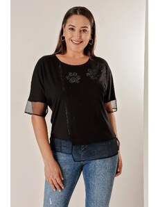 By Saygı Plus Size Blouse with tulle around the sleeves and hem with a stone print on the front.