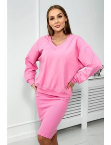 MladaModa Souprava halenka + vroubkované šaty model 9450 jasně růžová