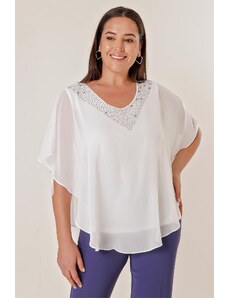 By Saygı V Neck Stone Bead Detailed Chiffon Top B.B. Lycra Blouse