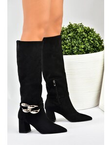 Fox Shoes Women's Black Suede Chain Detailed Heeled Boots