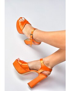 Fox Shoes Orange Satin Fabric Platform Heels, Women's Evening Dress Shoes