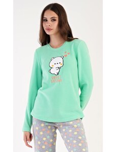Vienetta Secret Dámské pyžamo dlouhé Kotě - světle zelená