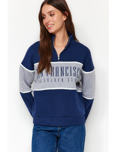 Trendyol Navy Blue Basic Printed Fleece Inside Knitted Sweatshirt