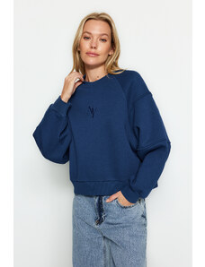 Trendyol Indigo Crew Neck Regular Fit Embroidered Thick Fleece Knitted Sweatshirt