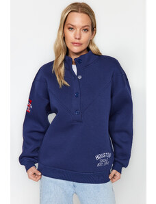 Trendyol Navy Blue Thick Fleece Embroidery and Button Detail High Neck Oversize Knitted Sweatshirt