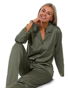 Naspani Khaki zelené elegantní saténové i krajkové pyžamo pro ženy celopropínací klasikcé 1E8495