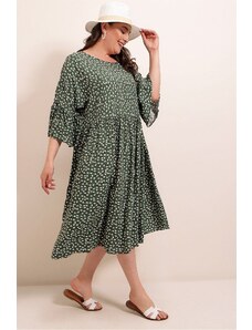 By Saygı Zelené malé květinové oversize viskózové šaty nadměrných velikostí s volánovými rukávy