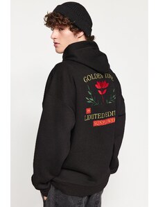 Trendyol Black Oversize/Wide-Fit Hooded Printed and Embroidered Fleece Fleece Sweatshirt