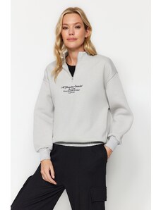 Trendyol Gray Thick Fleece Inside, Zipper Stand-Up Collar Oversized/Wide Knitted Sweatshirt