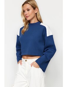 Trendyol Indigo Thick Inner Fleece Color Block Comfort Fit Crop Knitted Sweatshirt