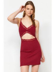 Trendyol Burgundy Lace Detailed Cotton Corded Knitted Nightgown