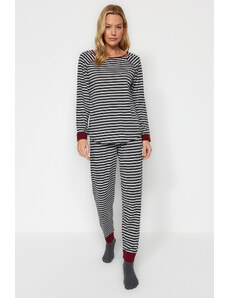 Trendyol Anthracite Multicolored Cotton Striped Tshirt-Jogger Knitted Pajama Set