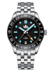 Stříbrné pánské hodinky Phoibos Watches s ocelovým páskem GMT Wave Master 200M - PY049C Black Automatic 40MM