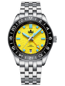 Stříbrné pánské hodinky Phoibos Watches s ocelovým páskem GMT Wave Master 200M - PY049F Yellow Automatic 40MM