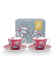 Pip Studio set 2 šálků s podšálky Flower Festival tmavě růžový, 280 ml