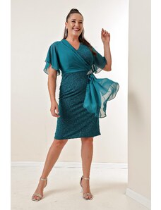 By Saygı Plus Size Glittery Short Dress with Chiffon Sleeves and Stone Lining on the Side