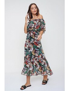 By Saygı zelený límec volánkový květinový vzor lemovaný pasem páskové šifonové šaty