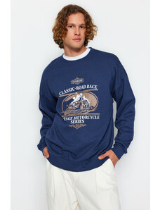 Trendyol Indigo Oversize/Wide-Fit Motorcycle Printed Fleece Inner Sweatshirt