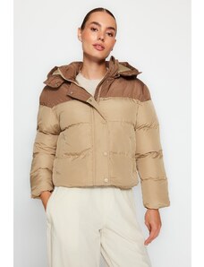 Trendyol béžový nafukovací kabát s kapucí s kapucí s barevným blokem