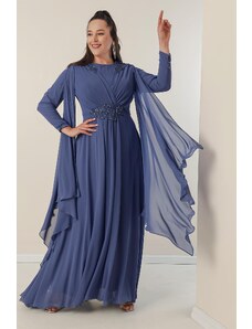 By Saygı Beading Embroidered Shoulders And Waist Pleated Long B.B Chiffon Dress