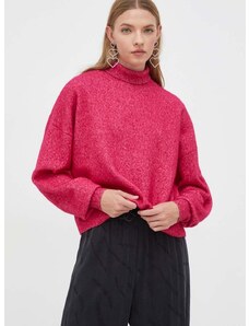 Vlněný svetr HUGO dámský, růžová barva, lehký, s golfem