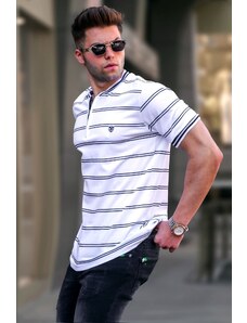 Madmext White Striped Polo Neck Men's T-Shirt 5874