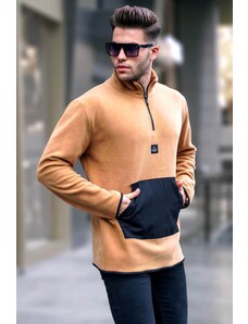 Madmext Men's Camel Bato Collar Kangaroo Pocket Cold Proof Fleece Sweatshirt 6018