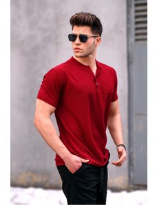 Madmext Maroon Basic Men's T-Shirt with Buttons and Short Sleeves.