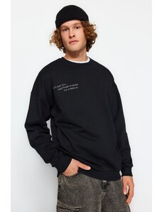 Trendyol Black Oversize/Wide Cut Text Embroidery Fleece Inside Pocket Sweatshirt